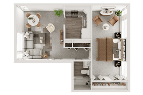 a 1 bedroom floor plan with a bathroom and a living room at The Flats at Talcott, Weatogue, Connecticut, 06089